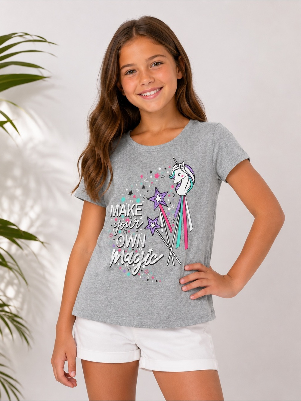 Girls Unicorn Graphic Shirt Size 8 | “Make Your Own Magic” Gray Tee